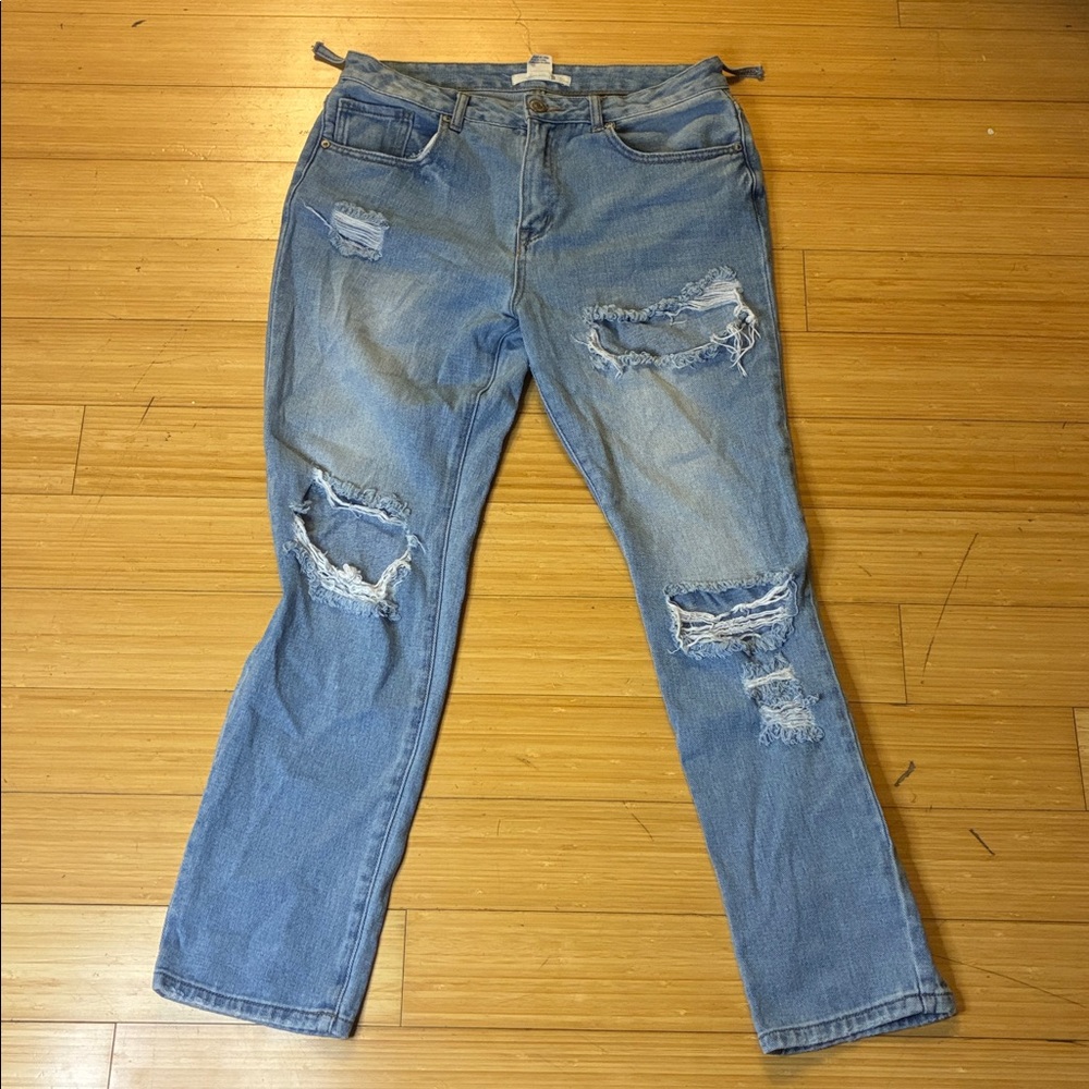 Forever 21 Light Blue Distressed Straight Leg Jeans